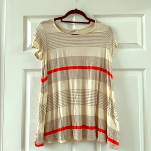 Beige, White & Coral Striped Tee